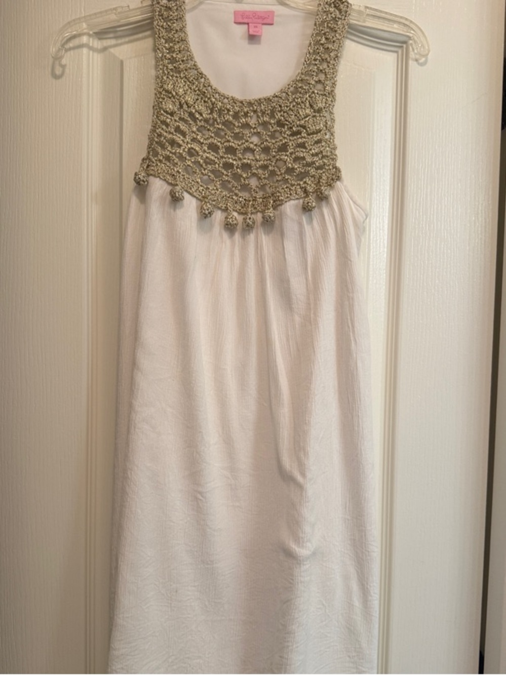Lilly Pulitzer White Midi Dress with Gold Crochet Yoke Detail